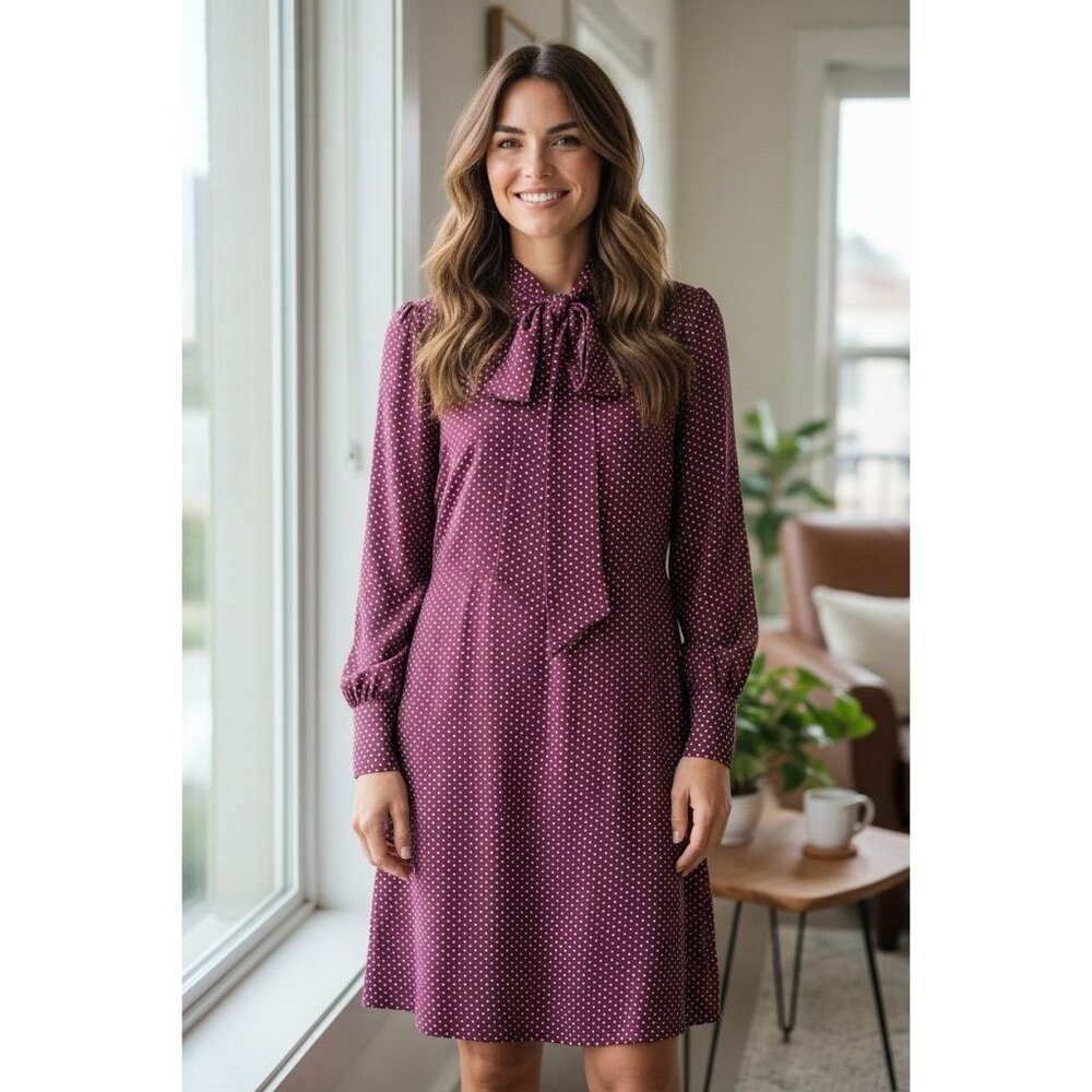 Lands End Burgandy Polka Dot Neck Tie Shift Dress Womens Sz O‎ Fall Transitional